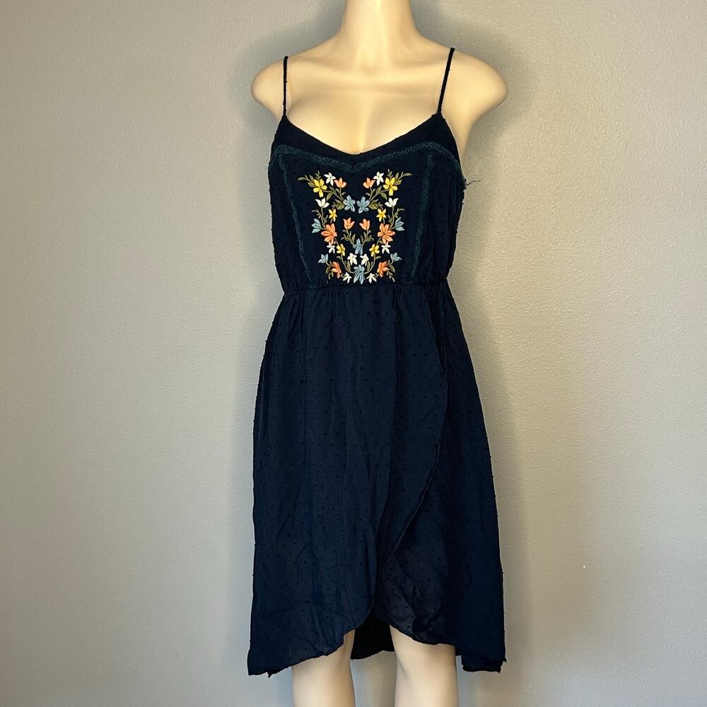 Miss Me Navy Embroidered Floral Midi Dress Spaghetti Strap Lace-Up Back M